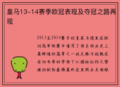 皇马13-14赛季欧冠表现及夺冠之路再现