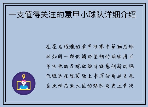 一支值得关注的意甲小球队详细介绍
