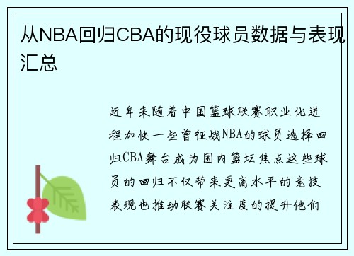 从NBA回归CBA的现役球员数据与表现汇总