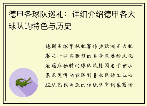 德甲各球队巡礼：详细介绍德甲各大球队的特色与历史